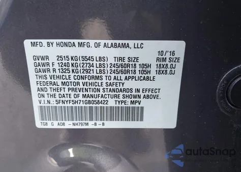 2016 Honda Pilot Ex-L from USA, damaged, VIN 5FNYF5H71GB058422